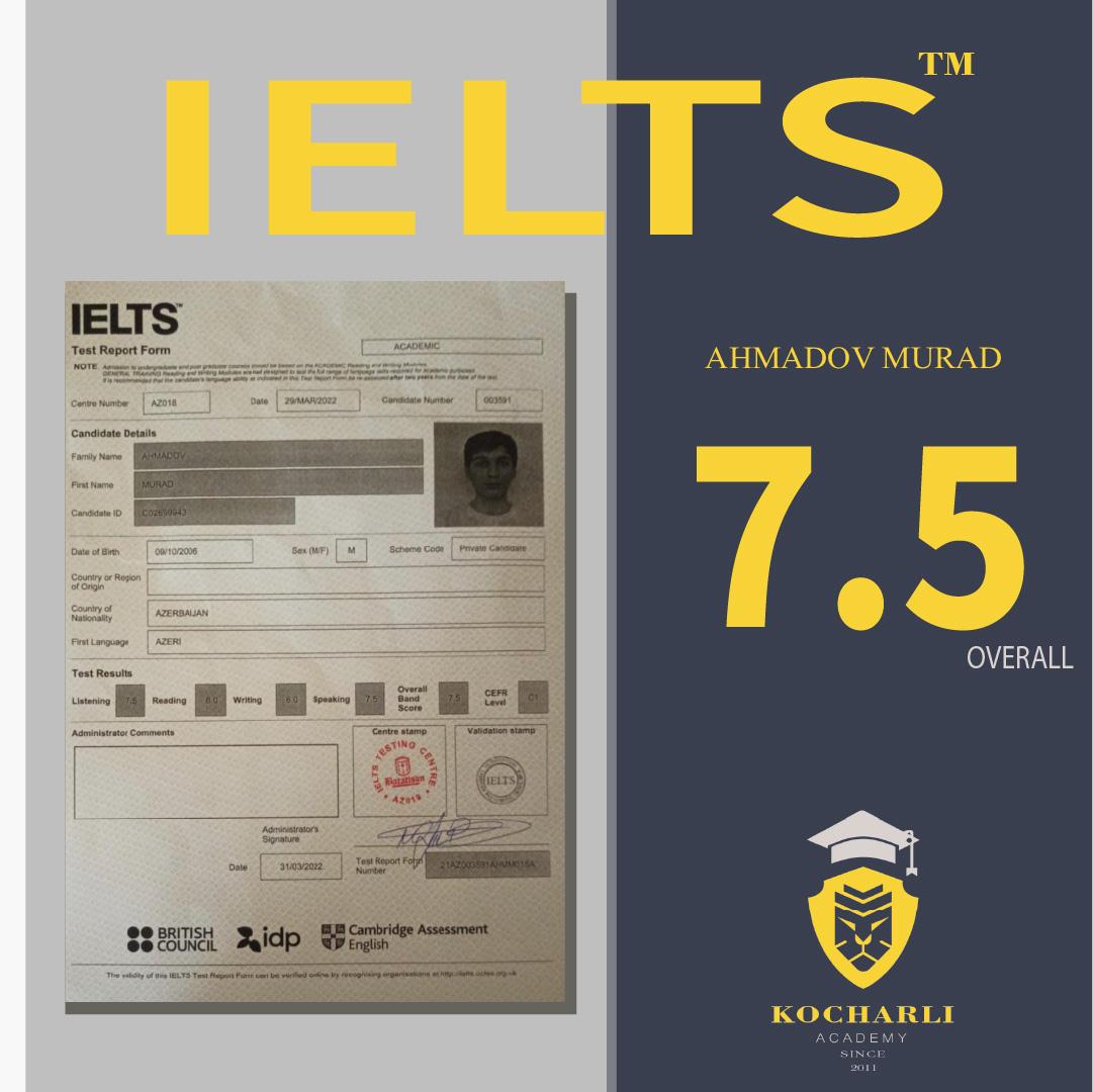 IELTS nəticəsi — 7.5 overall